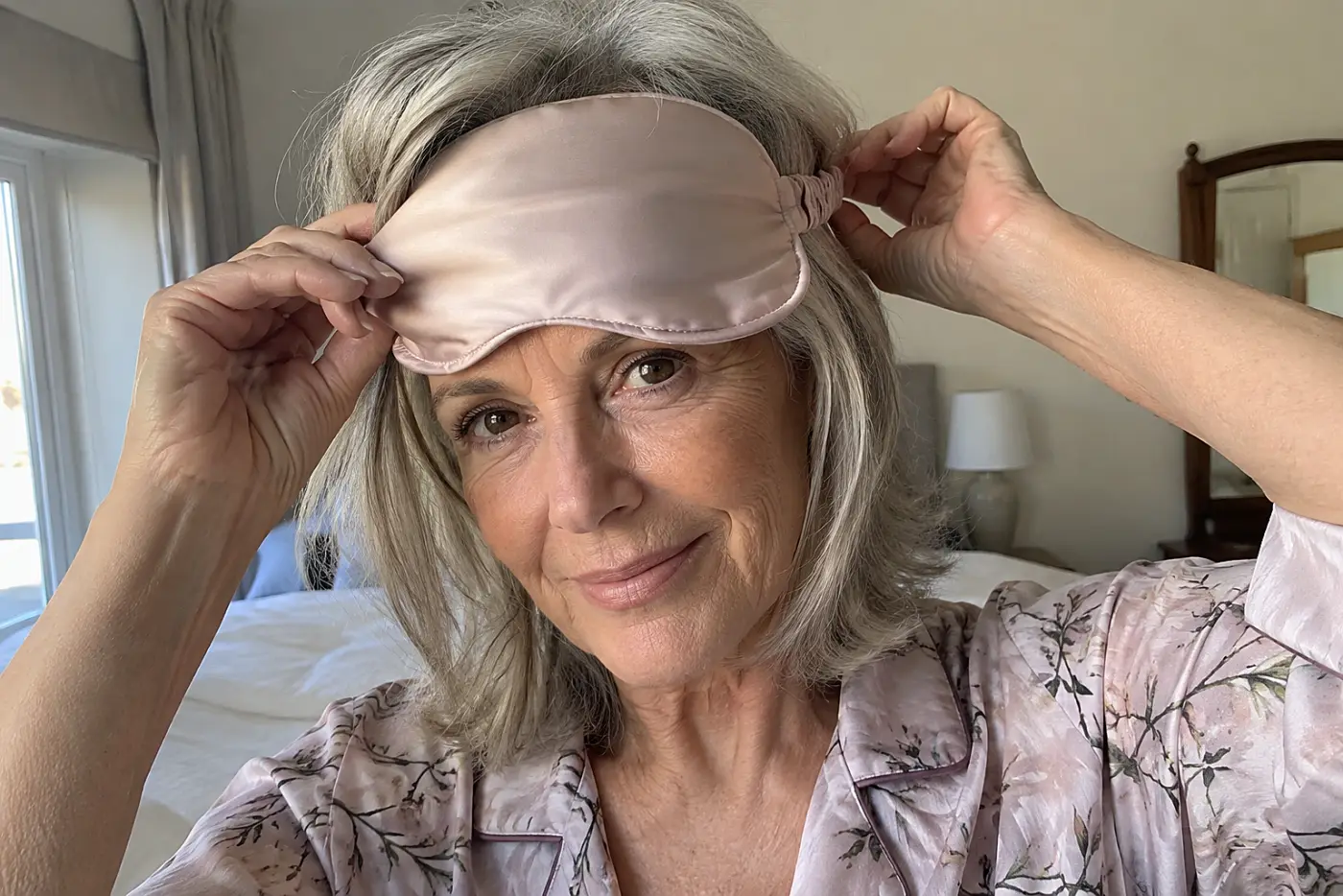 Woman in her sixties trying on a silk sleep mask before a bedroom mirror.