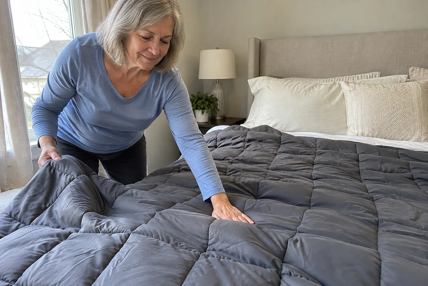 Woman in her sixties spreading a weighted blanket across her bedroom bed.