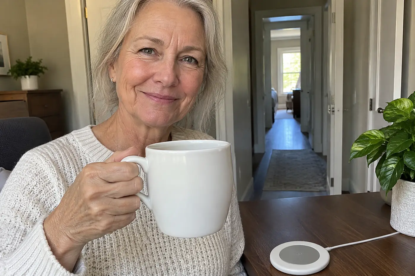 Woman in her sixties lifting a smart mug from its charger in her home office.