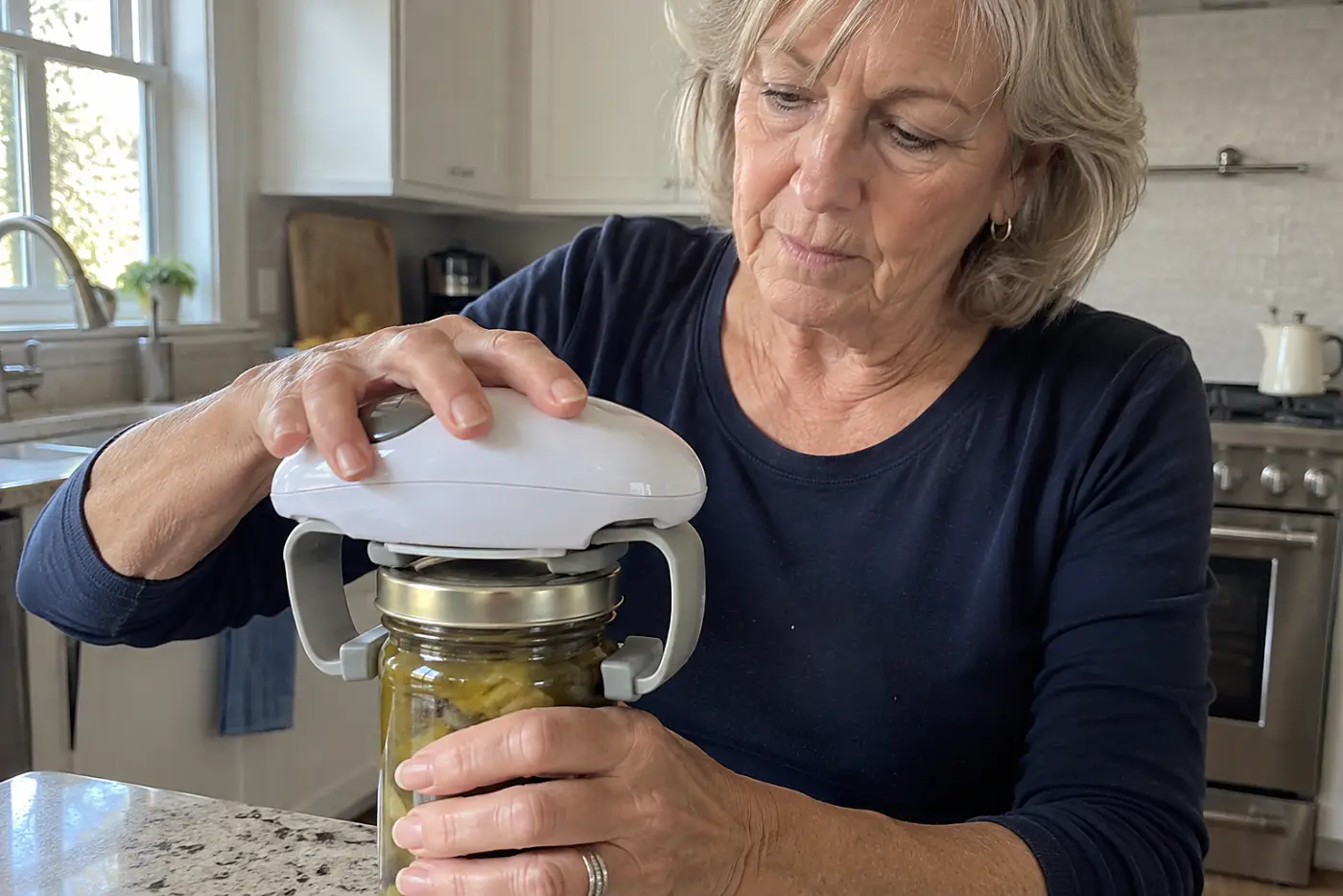 Woman in her sixties placing an electric opener on a jar at her kitchen counter.