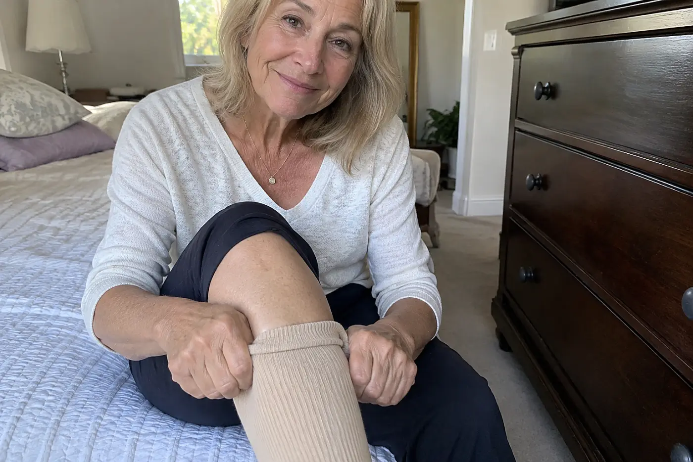 Woman in her sixties pulling on compression socks beside her bedroom dresser.