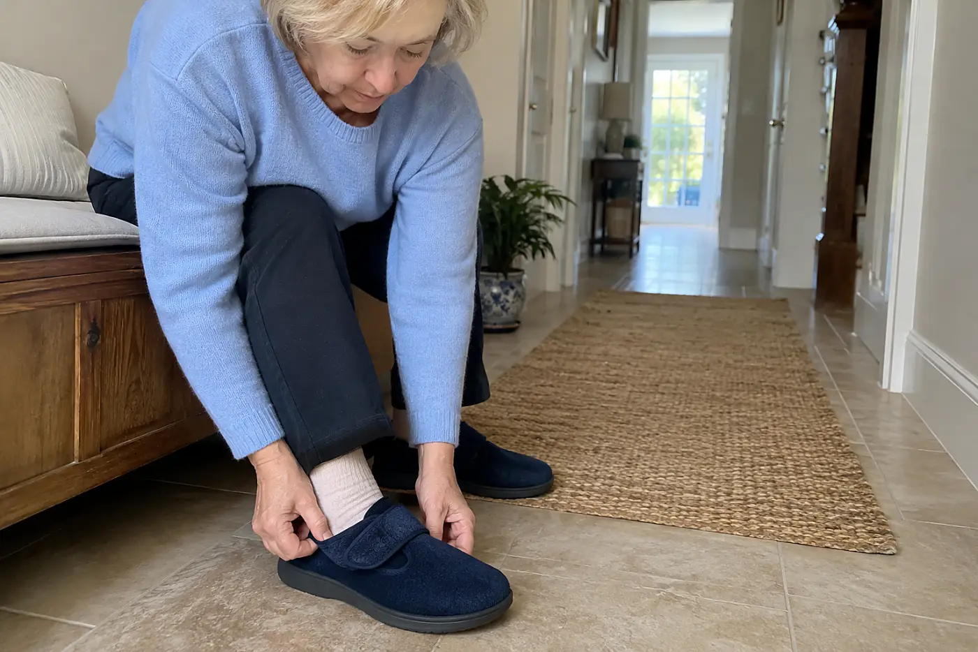 Woman in her sixties fastening an adjustable slipper while seated on a hallway bench.