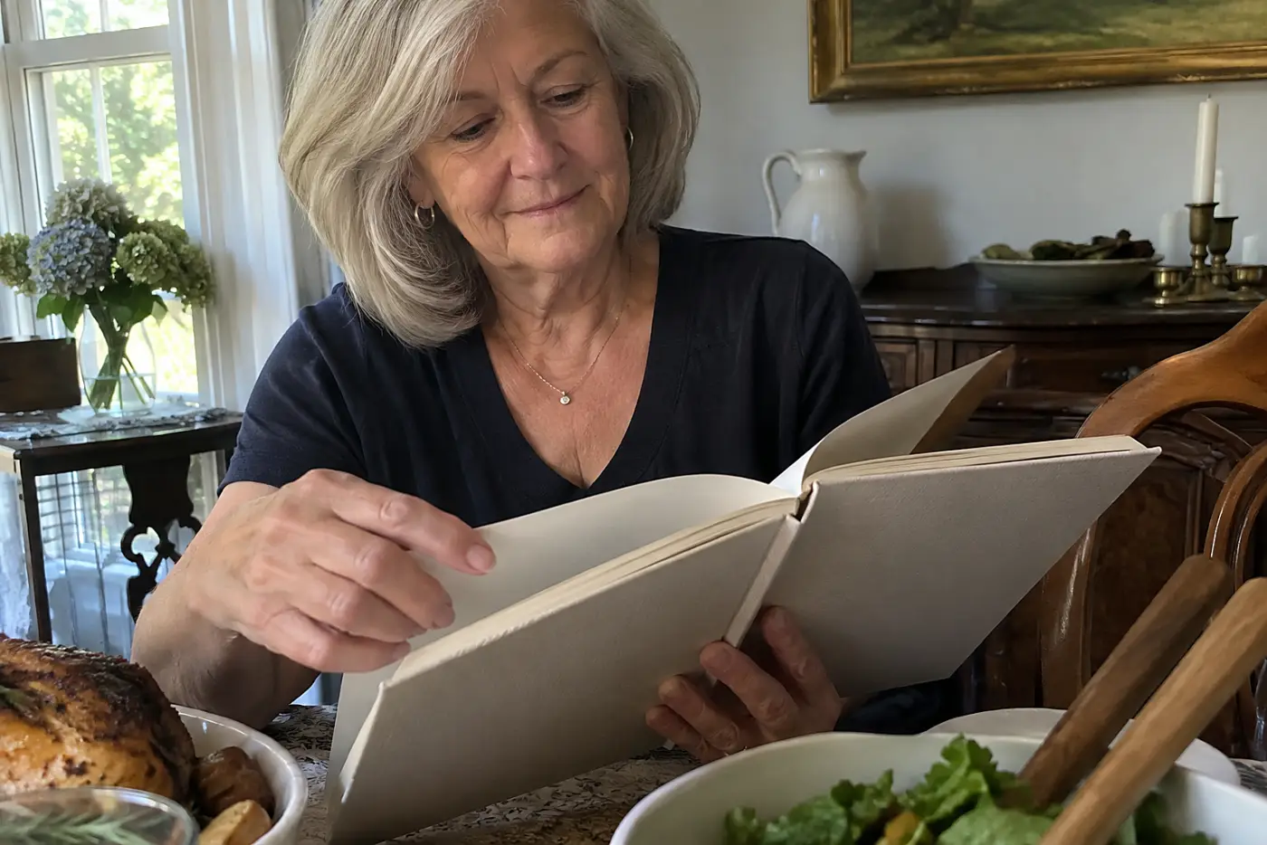 Woman in her sixties opening a cookbook beside serving dishes in her dining room.