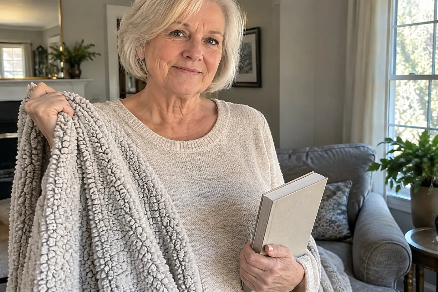 Woman in her sixties choosing between a book and a blanket in her living room.