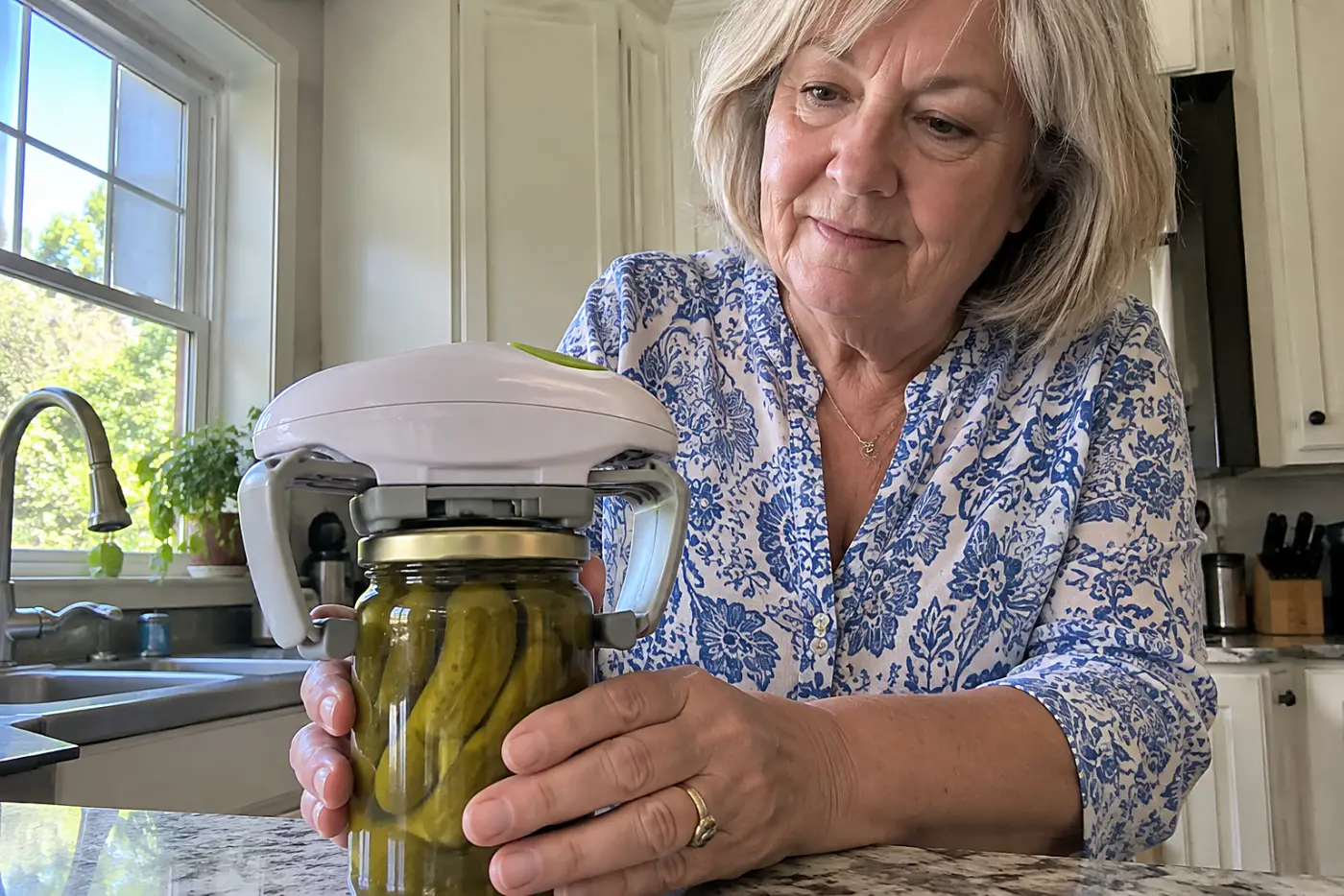 Woman in her sixties opening a jar with an electric opener in her kitchen.