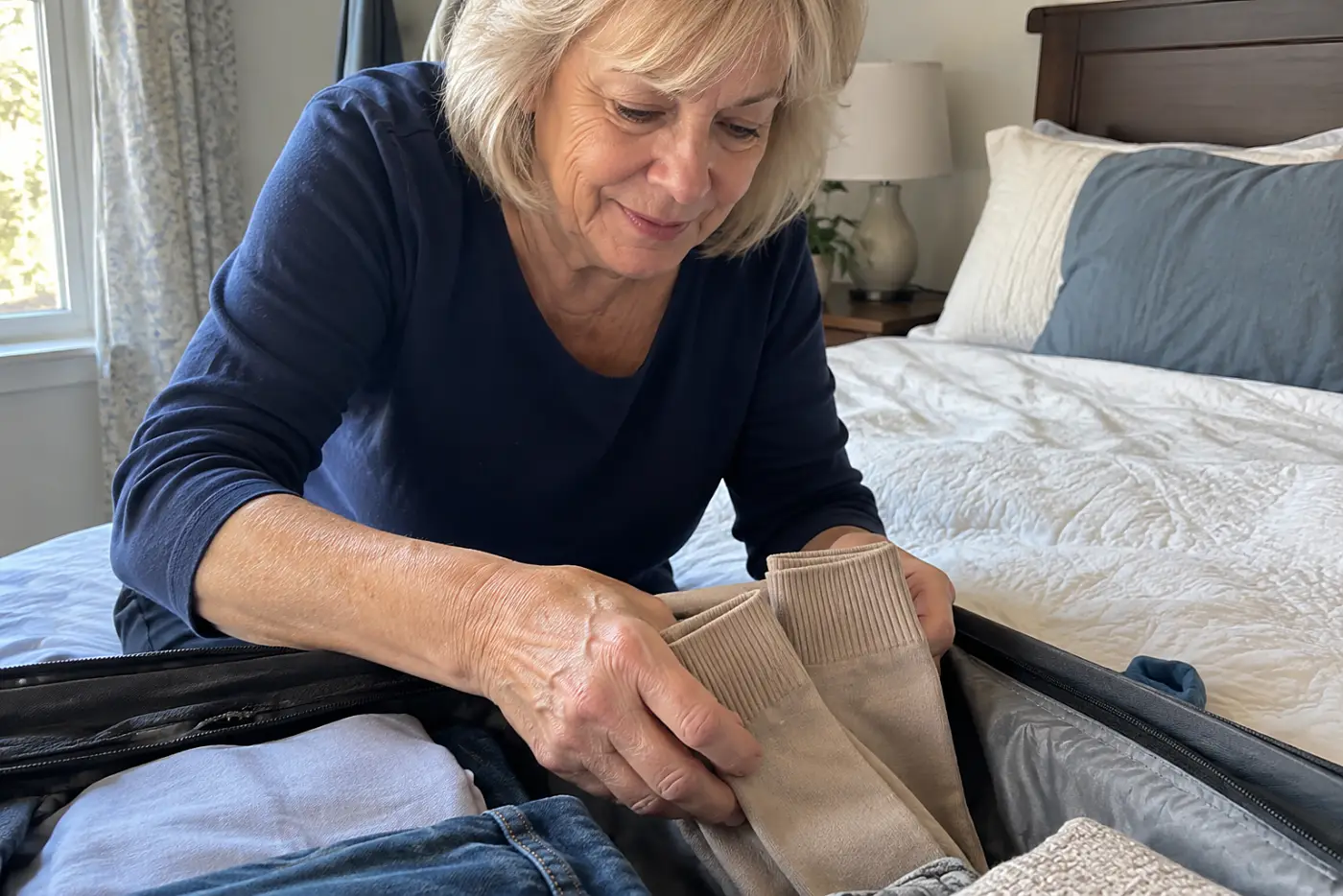 Woman in her sixties putting compression socks into an open suitcase on her bed.