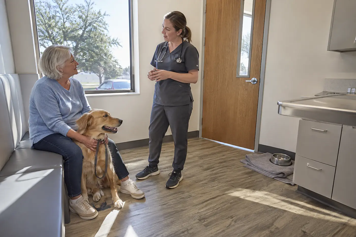 Older woman speaking with a veterinarian beside her resting dog in an exam room.