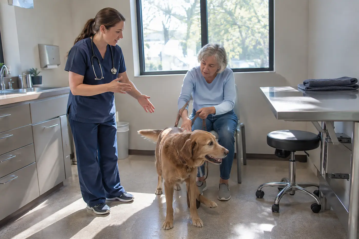 Veterinarian explaining the procedure to an older woman seated beside her dog in an exam room.