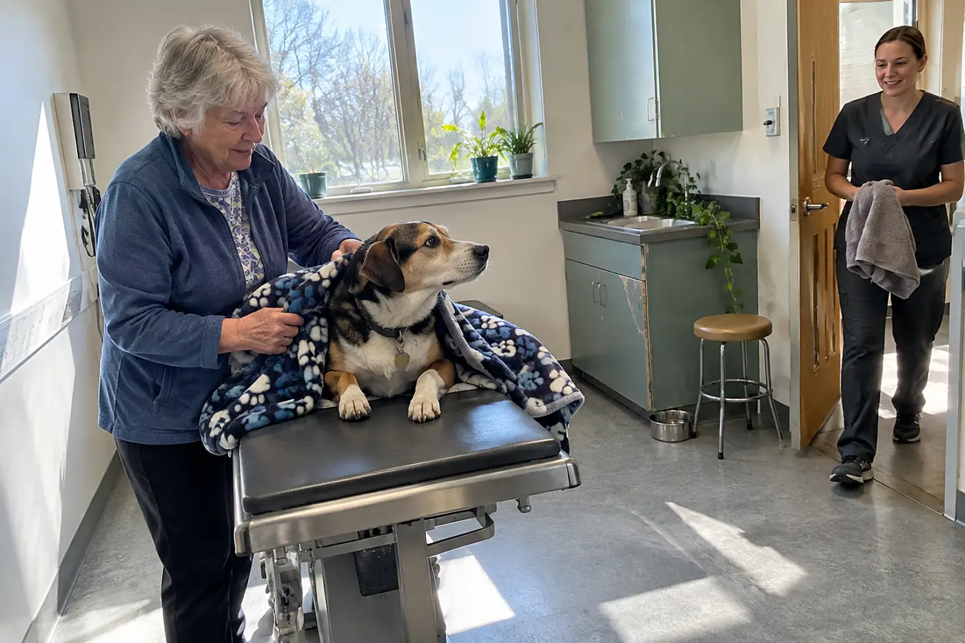 Older woman tucking a familiar blanket around her dog in a veterinary exam room.