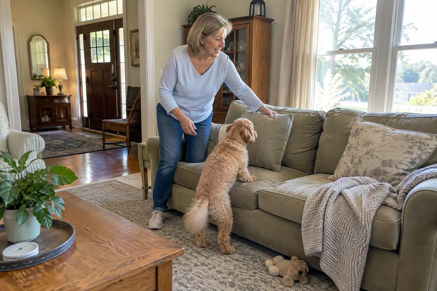 Older woman helping her dog settle on a couch before a home veterinary visit.