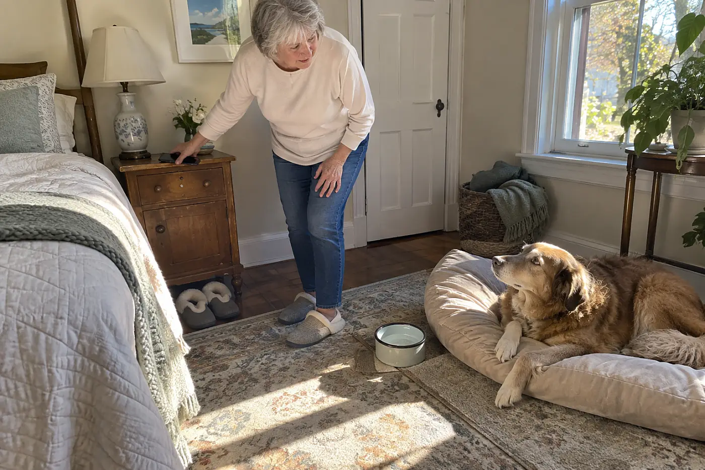 Older woman placing her phone beside her bed after a veterinary visit.