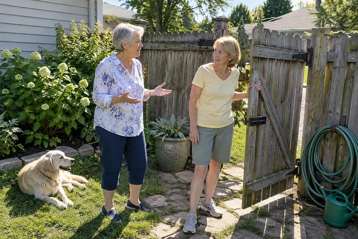 Older woman speaking with her sister beside the backyard gate while her dog rests nearby.