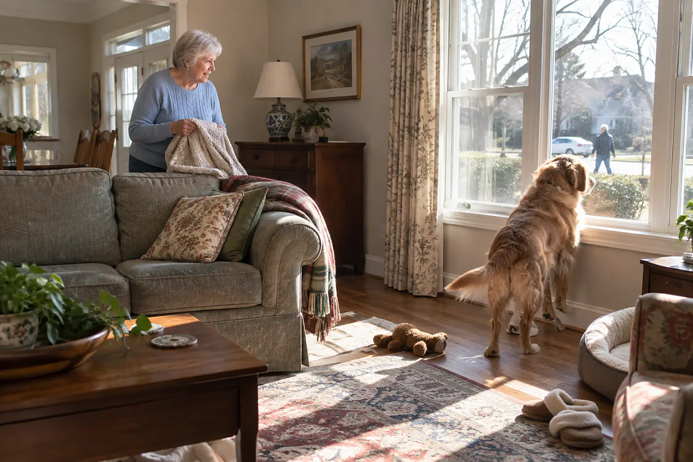 Older woman watching her dog stand at the living room window.