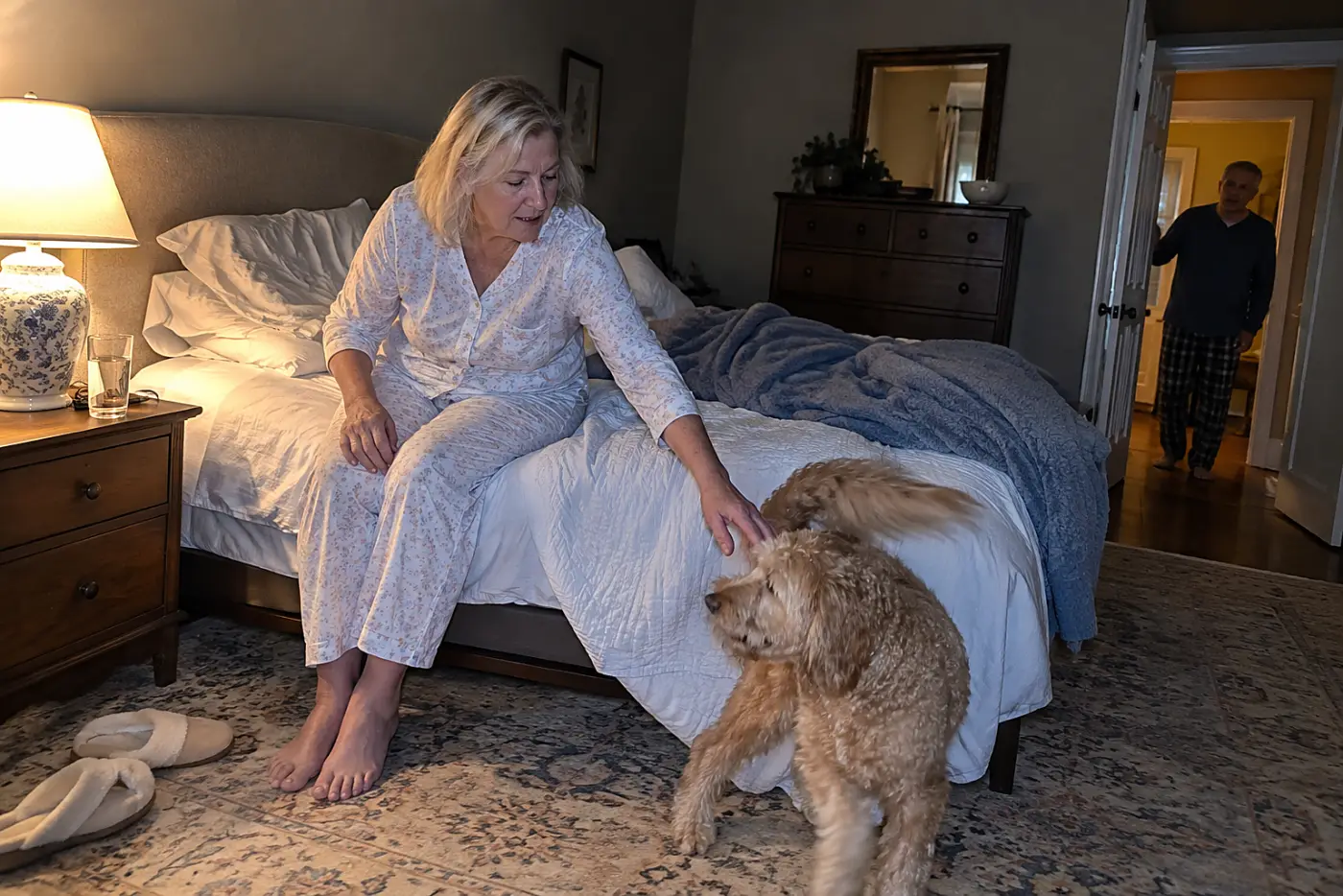 Older woman checking on her restless dog beside her bed at night.
