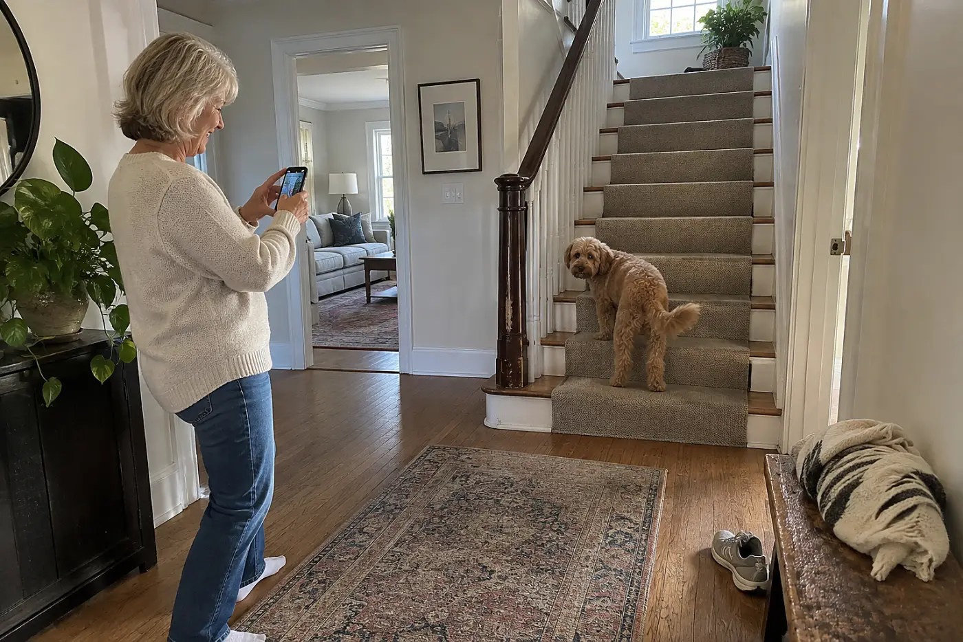 Older woman filming her dog from a safe distance at the foot of the stairs.