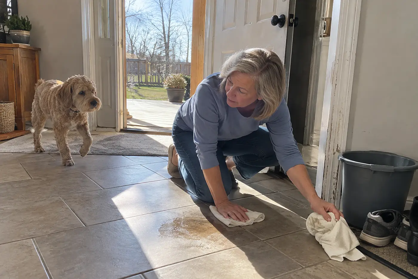 Older woman cleaning a pet accident beside the back door.