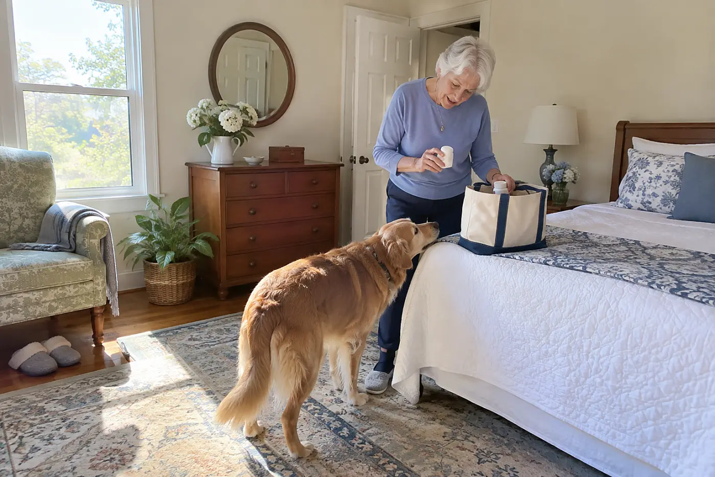 Older woman placing pet medication bottles into a canvas bag in her bedroom.
