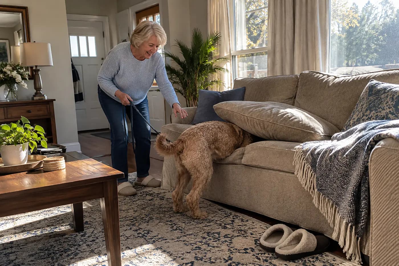 Older woman holding her dog's leash beside the living room sofa.
