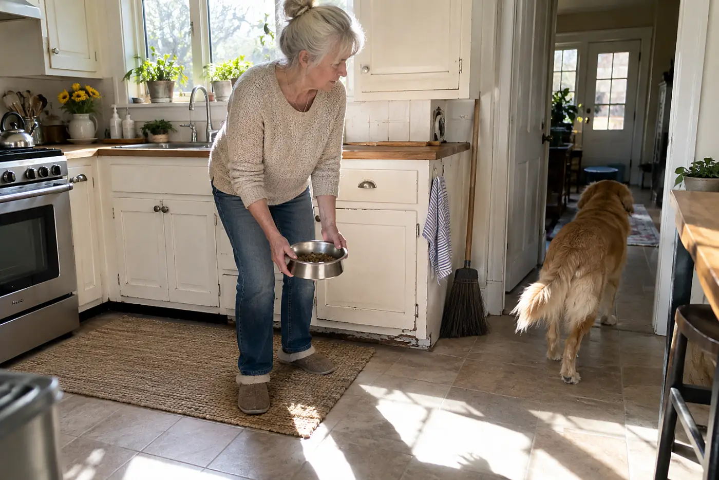 Older woman lifting an untouched food bowl from the kitchen floor.