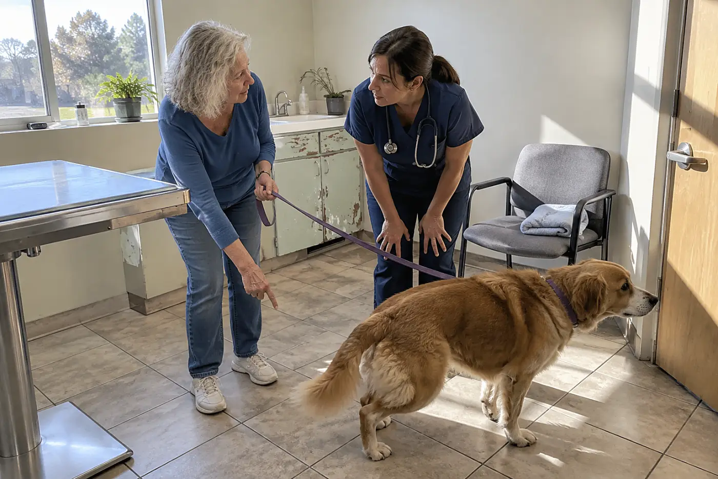 Older woman pointing to her dog's stiff leg while speaking with a veterinarian in an exam room.