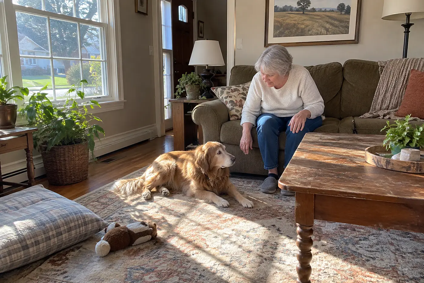 Older woman watching her dog rest in a patch of sunlight in the living room.