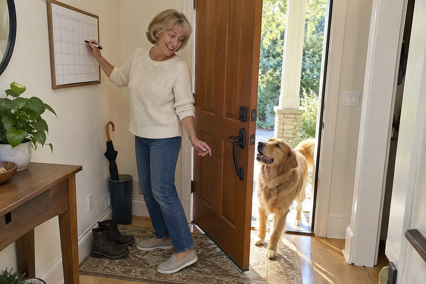 Older woman circling an appointment date on a wall calendar beside her front door.
