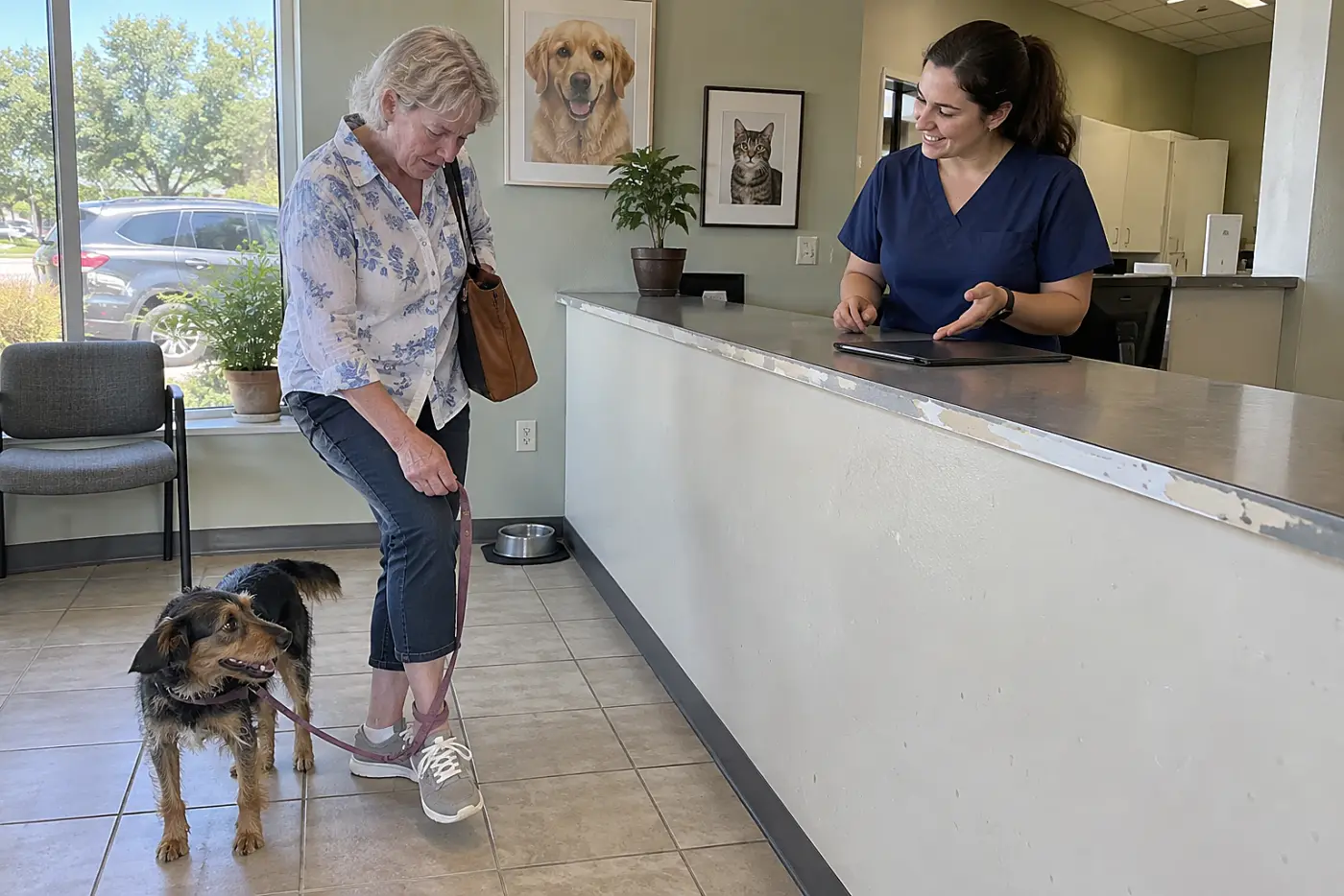 Older woman discussing an estimate with a clinic employee at the reception desk.