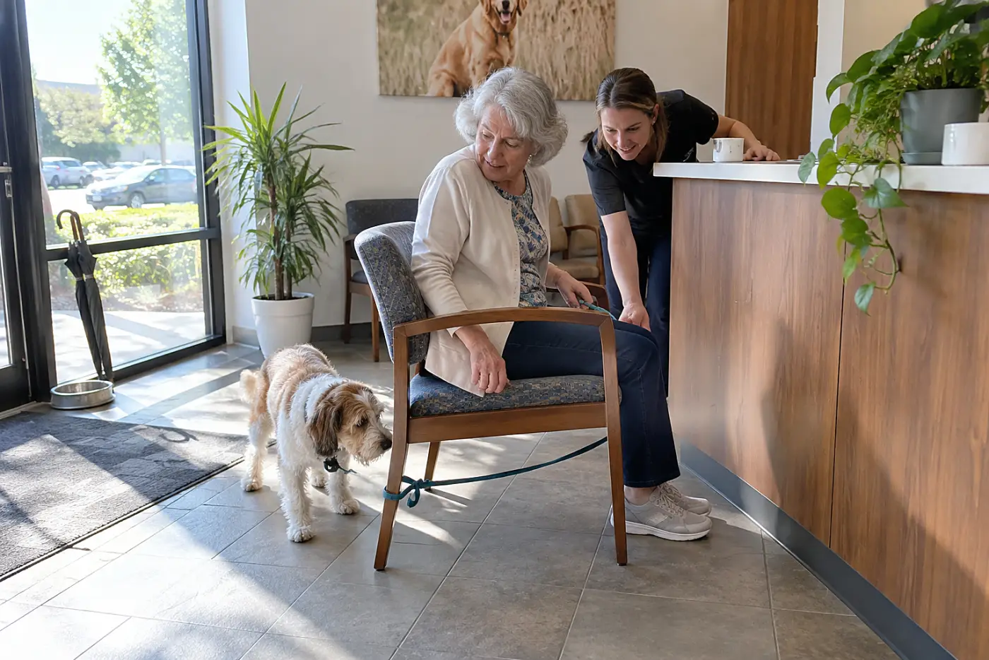 Older woman speaking with a clinic employee at the reception desk.