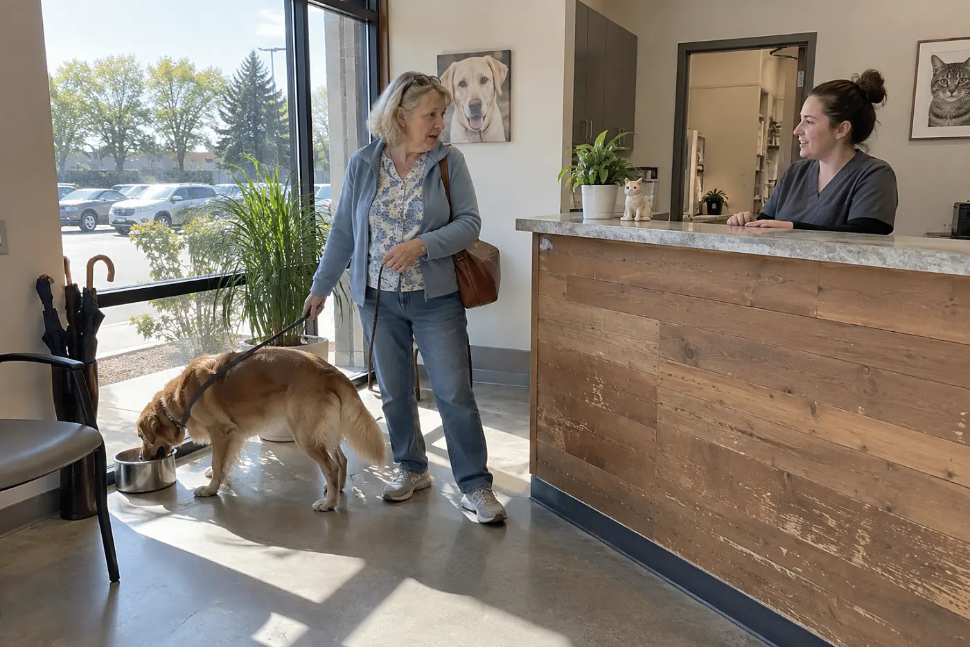 Older woman holding her dog's collar at a veterinary clinic counter.