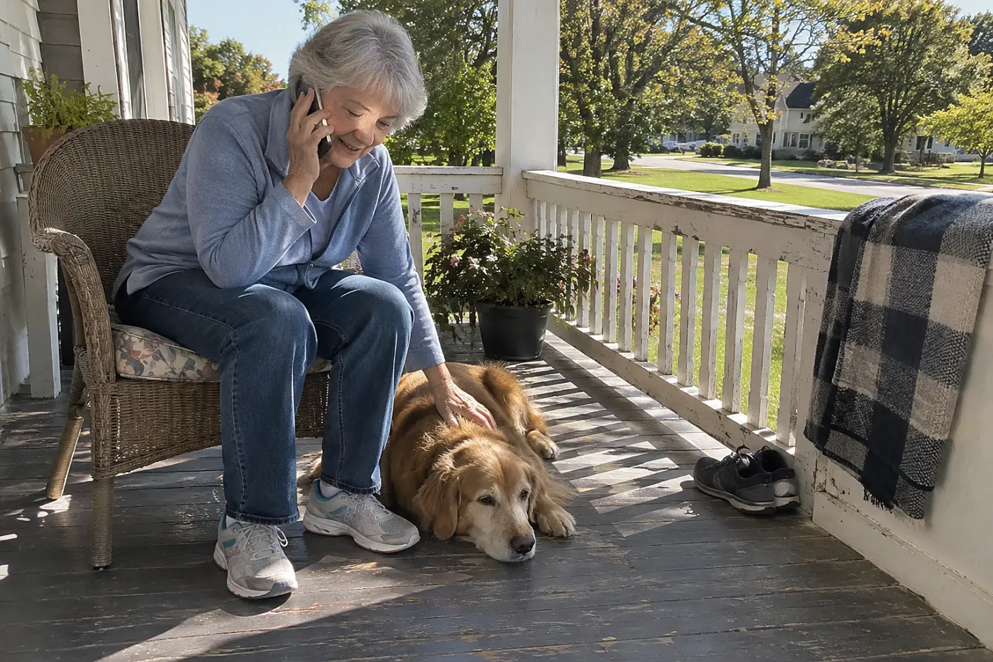 Older woman calling her adult daughter from a porch while her dog rests at her feet.