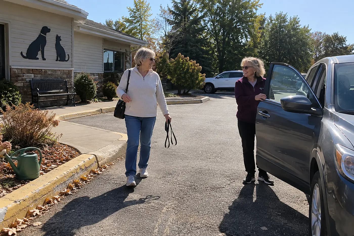 Older woman carrying an empty leash toward a parked car outside a veterinary clinic.