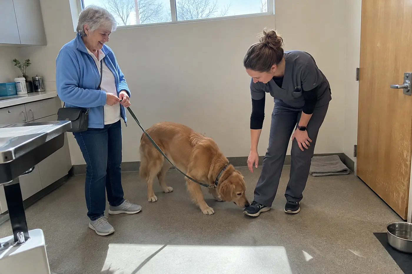 Older woman speaking with a veterinary technician beside her dog in a quiet clinic room.