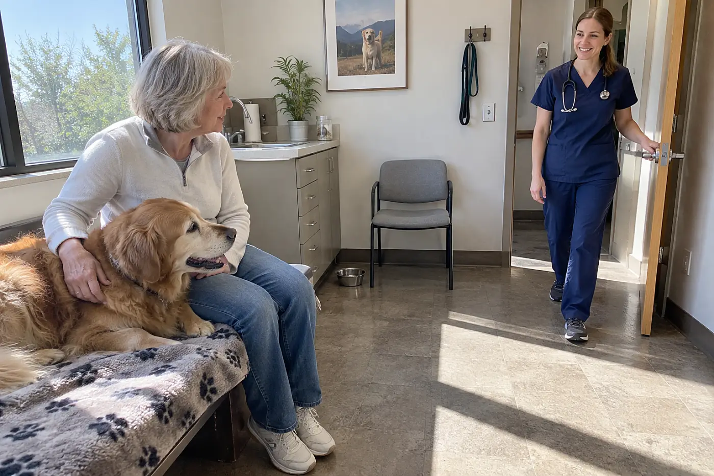 Older woman resting her hand on her dog's fur in a veterinary exam room.