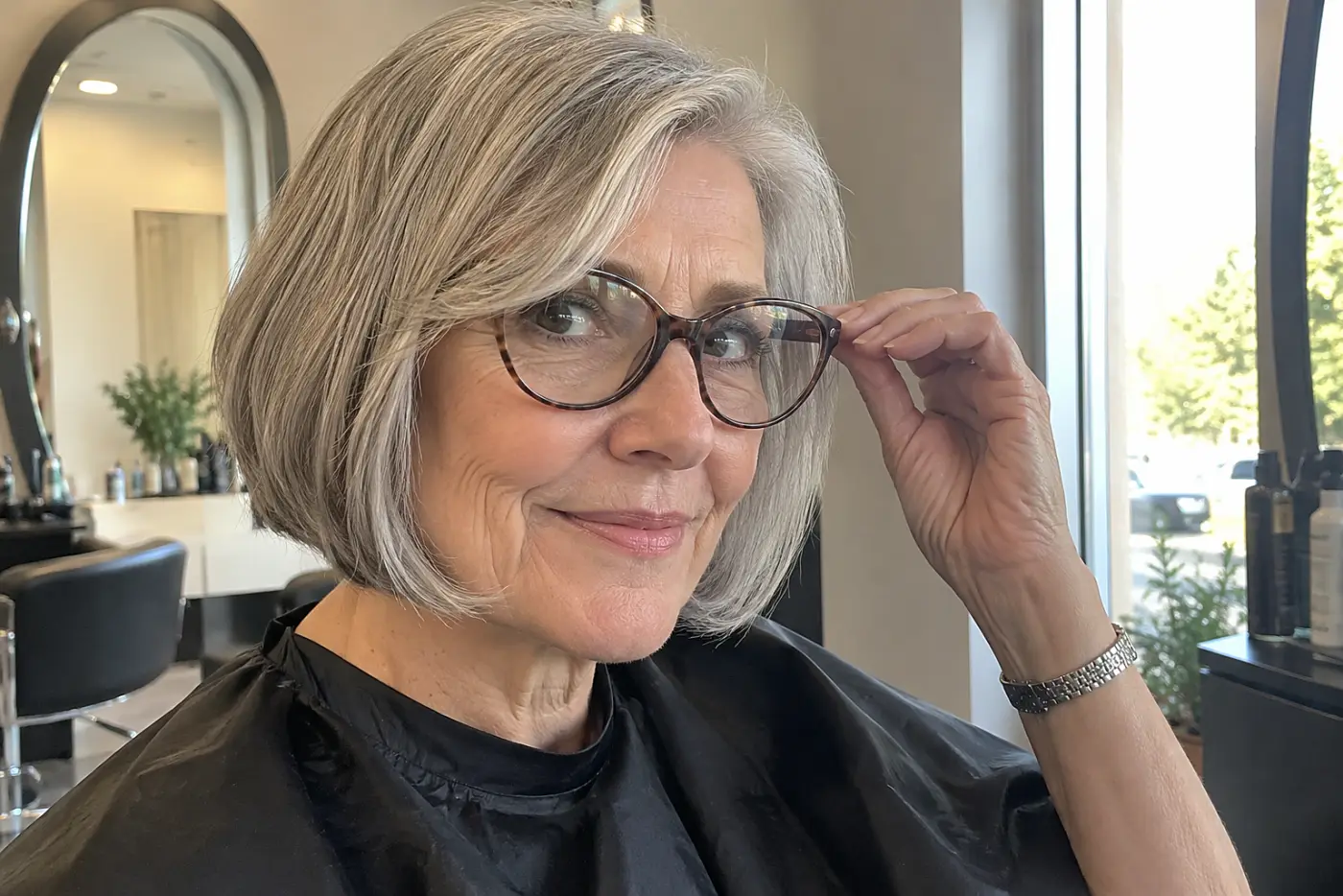 Older woman putting on her glasses after a bob haircut at a salon station.