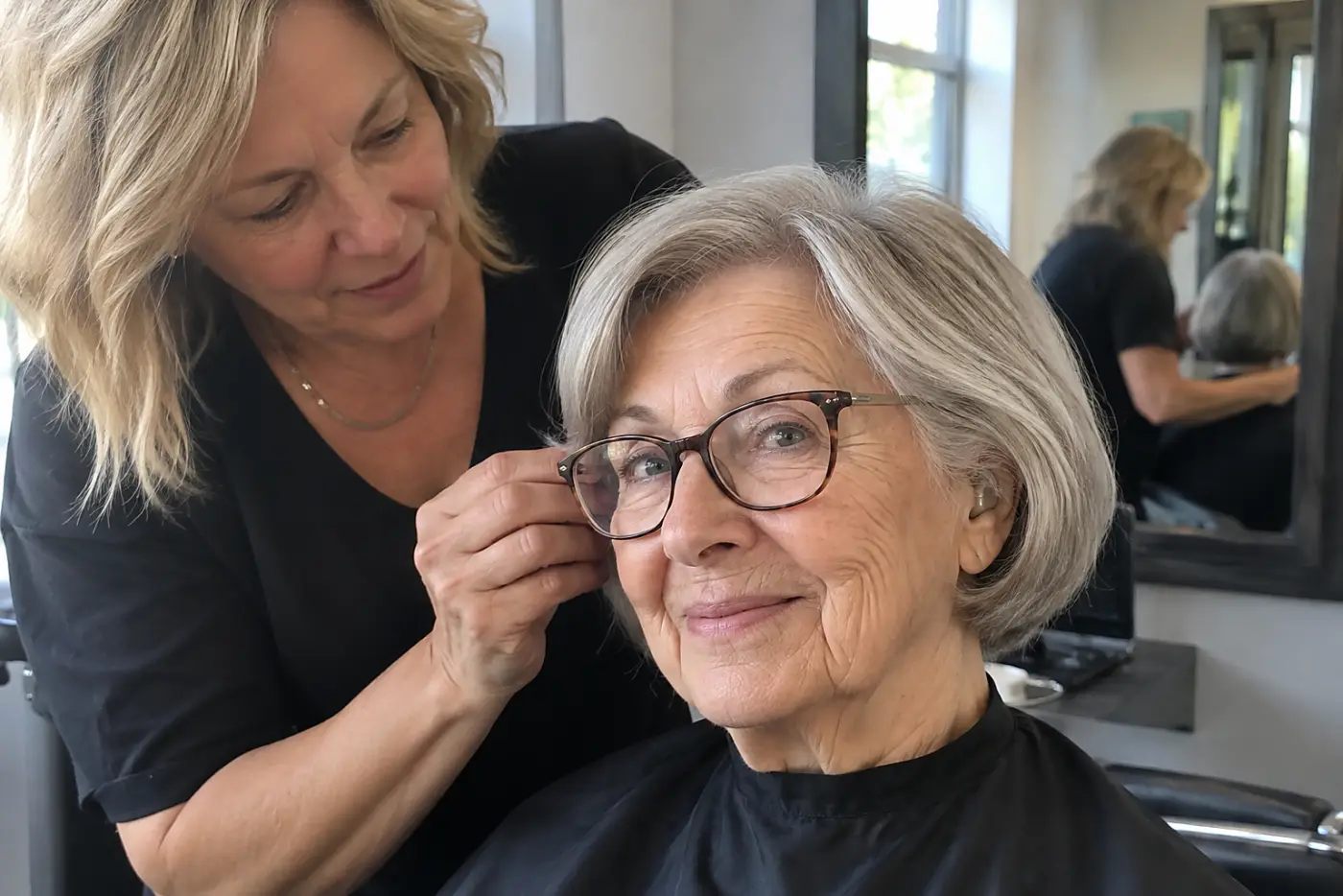 Older woman wearing glasses and hearing aids while a stylist checks the hair near her ears.