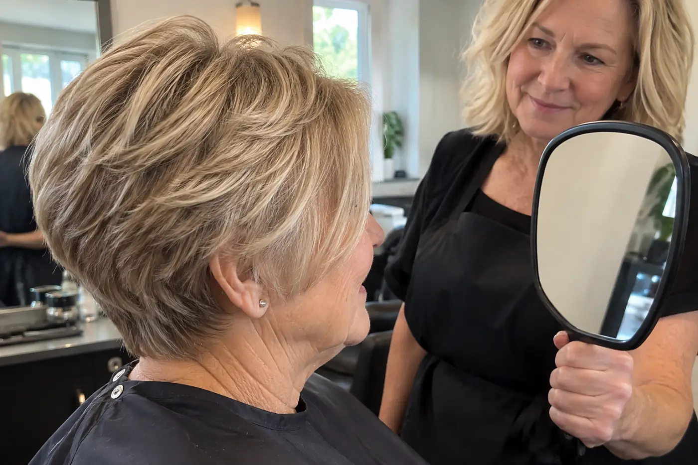 Stylist showing an older woman the back of her wedge cut with a hand mirror.
