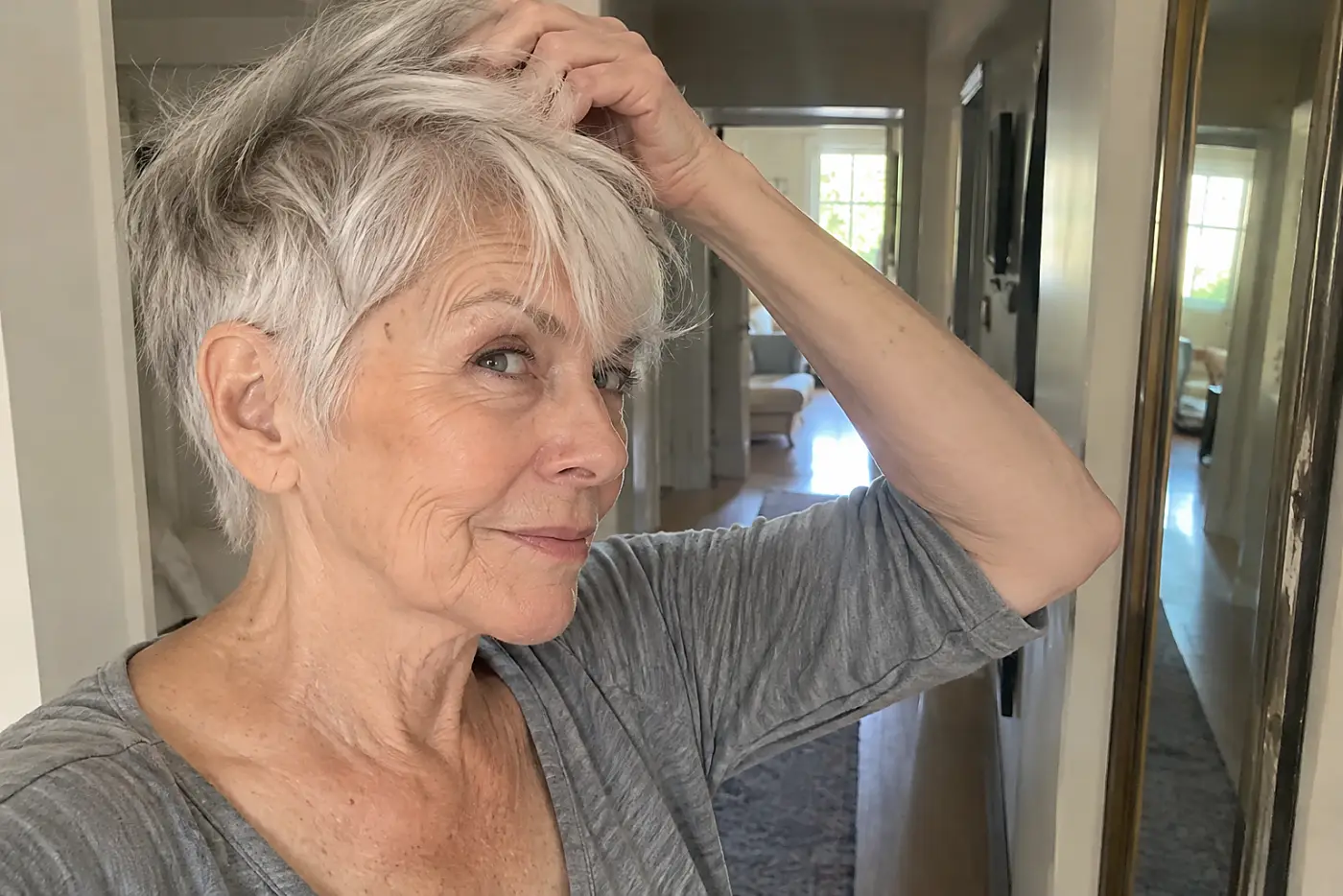 Older woman lifting the top of her short pixie with her fingers beside a hallway mirror.