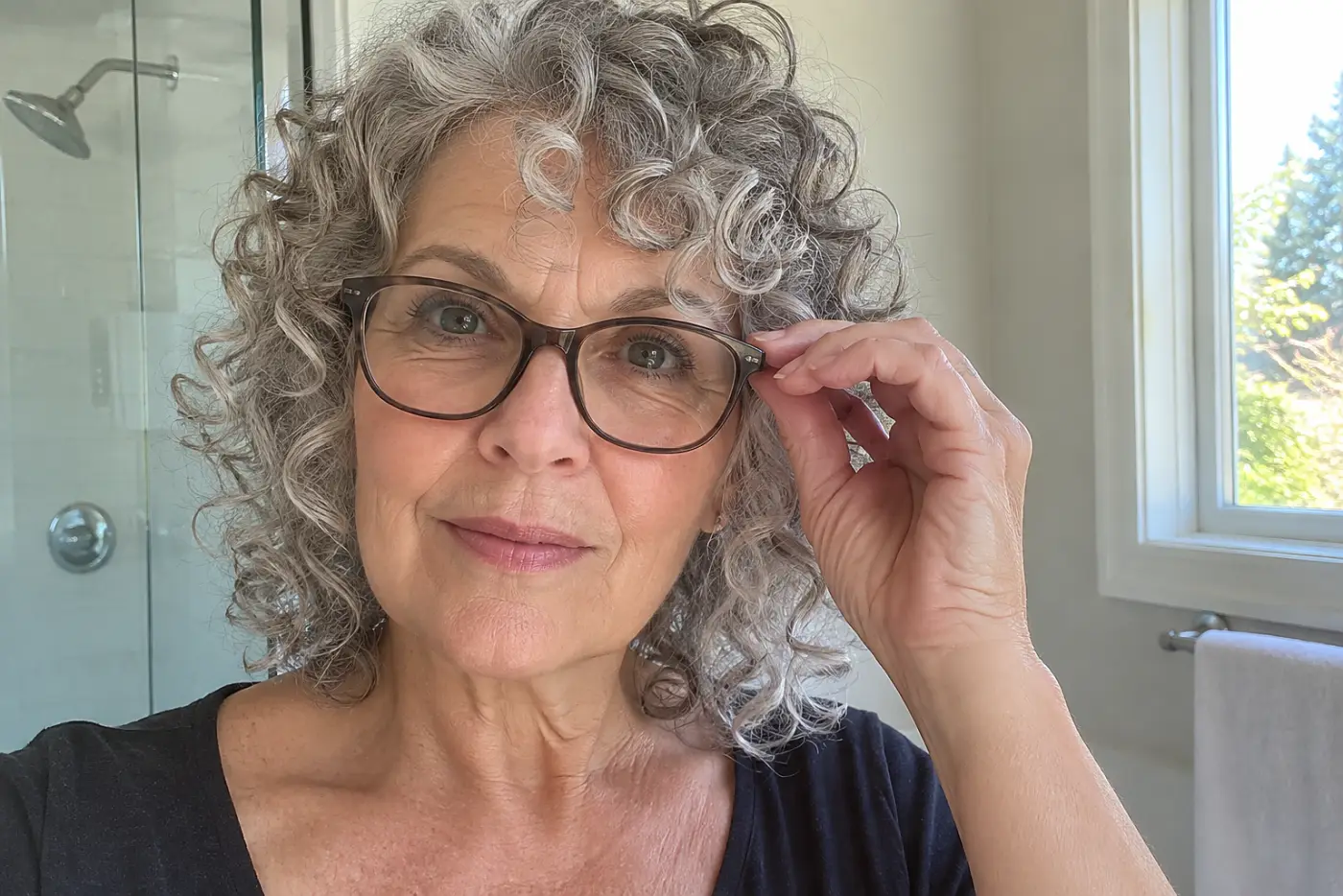 Curly-haired woman placing her glasses on after drying her hair in a bathroom.