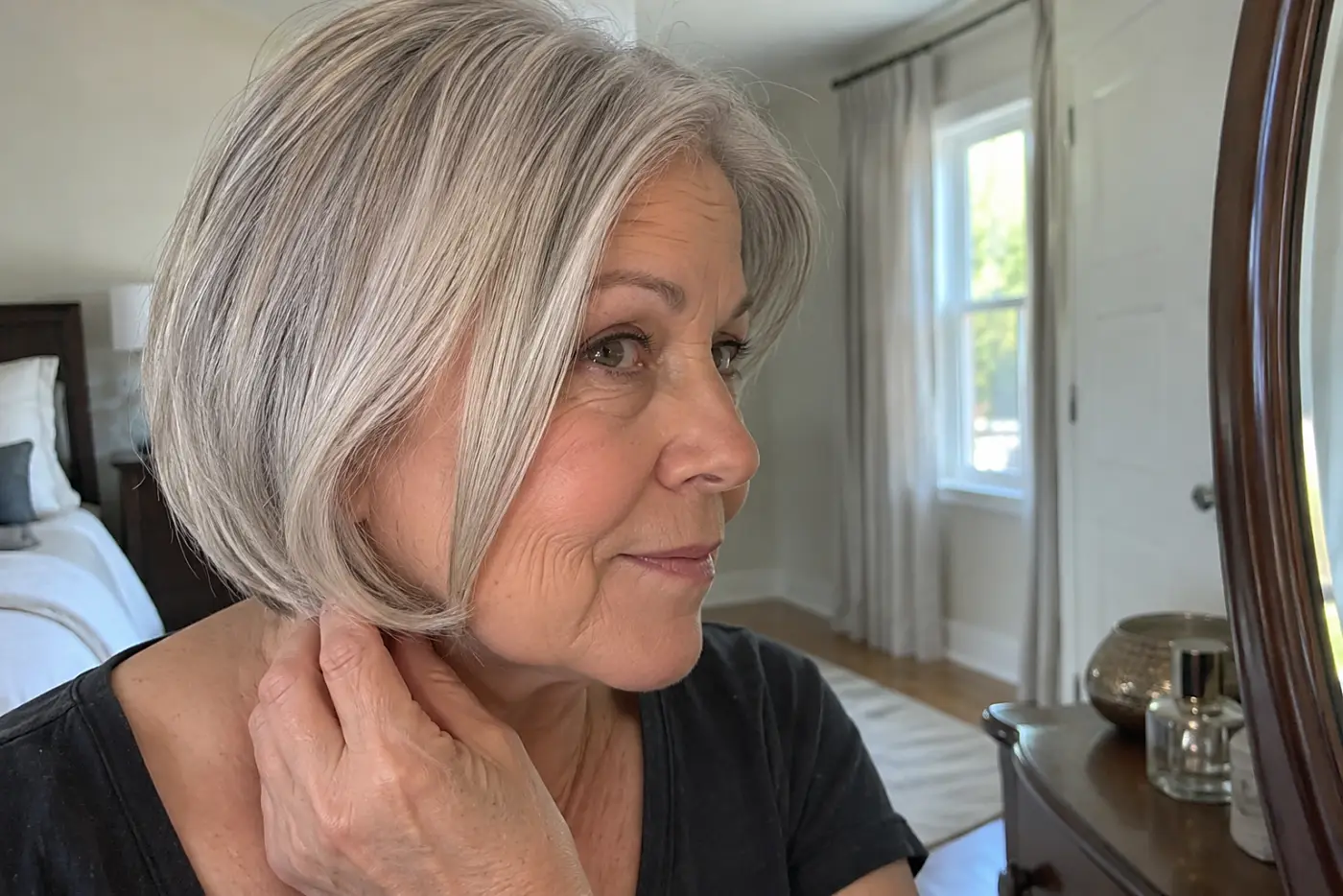 Silver-haired woman smoothing the ends of her bob at a bedroom dresser.
