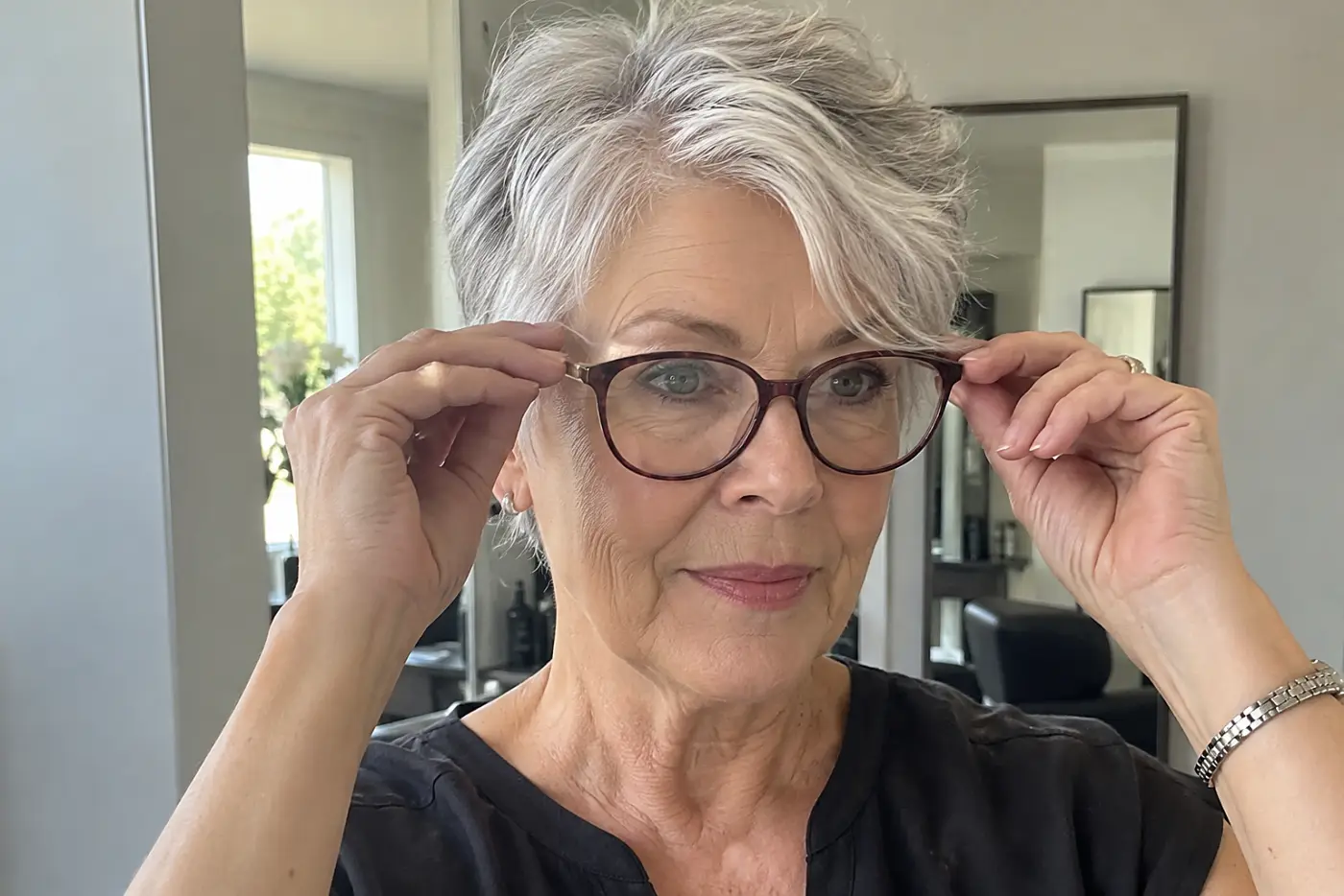 Silver-haired woman putting on her glasses after a pixie trim in a salon.