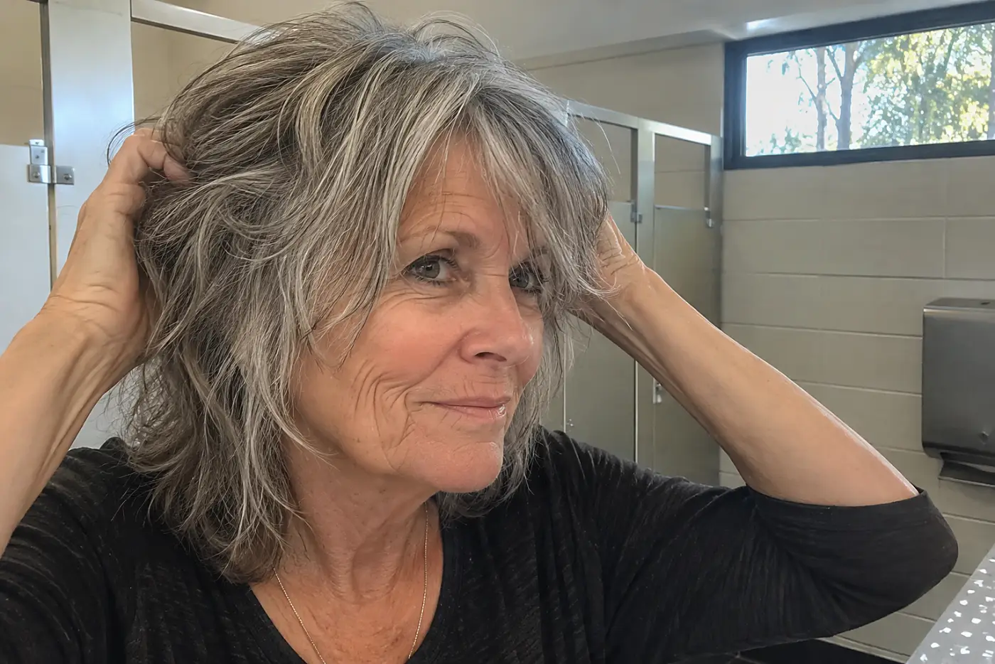 Older woman loosening the layers of her shag beside a park restroom mirror.