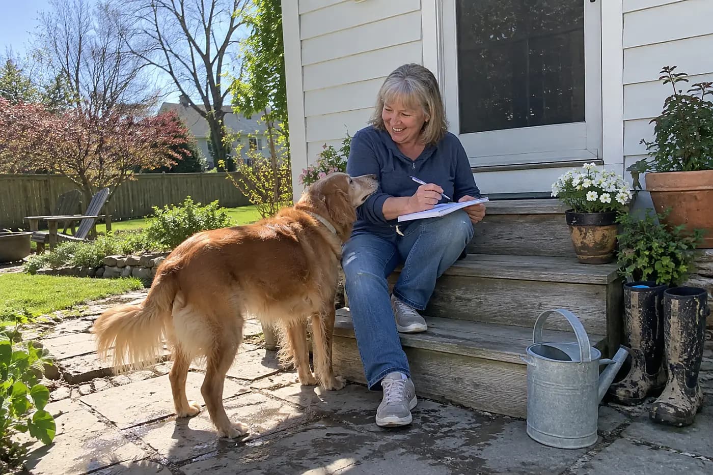 An older woman writes a letter to her dog while sitting on the back steps.