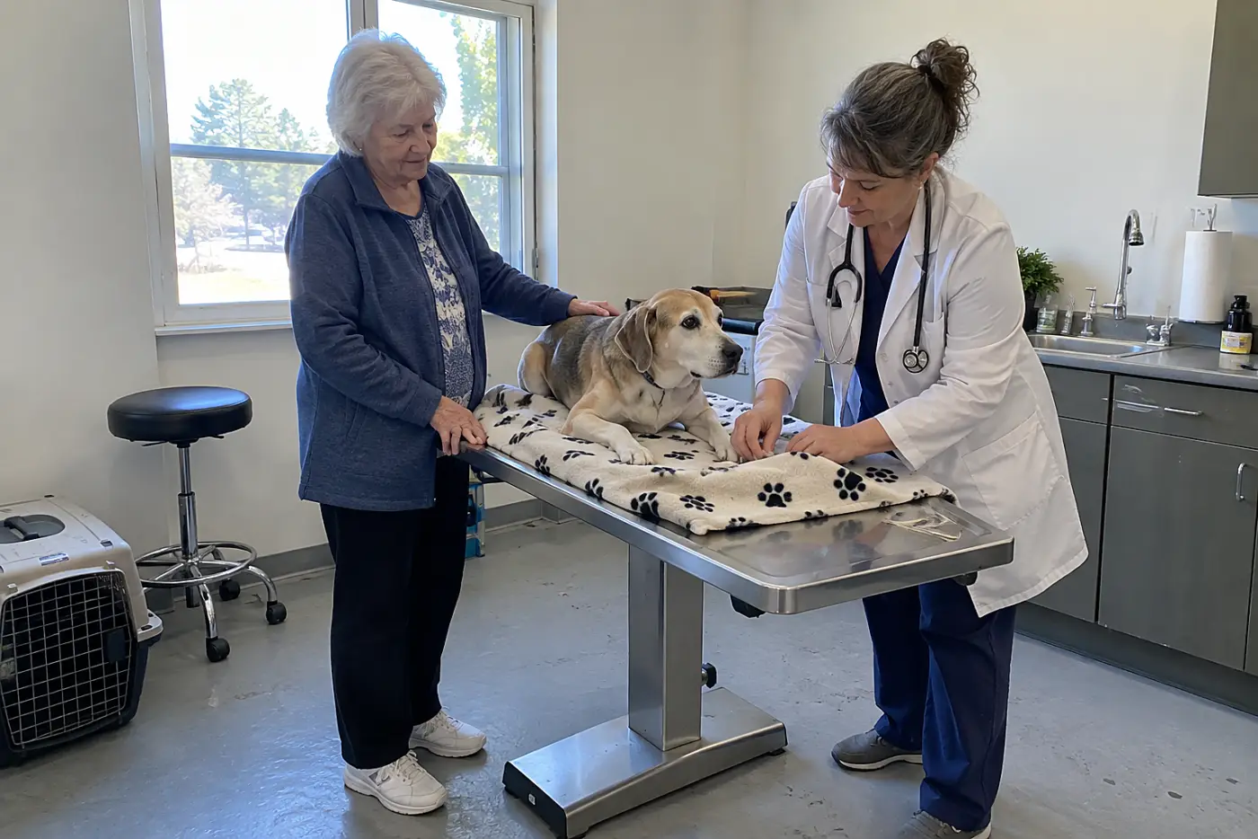 An older woman rests her hand on a dog lying on a blanket in a veterinary exam room.