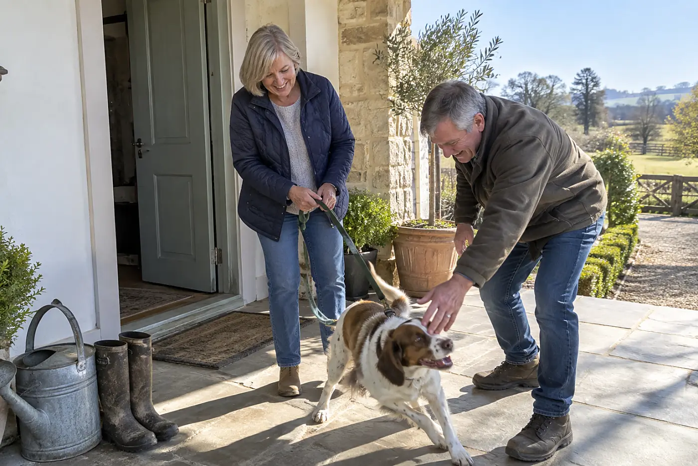 An older woman watches her partner greet a dog on the front porch.