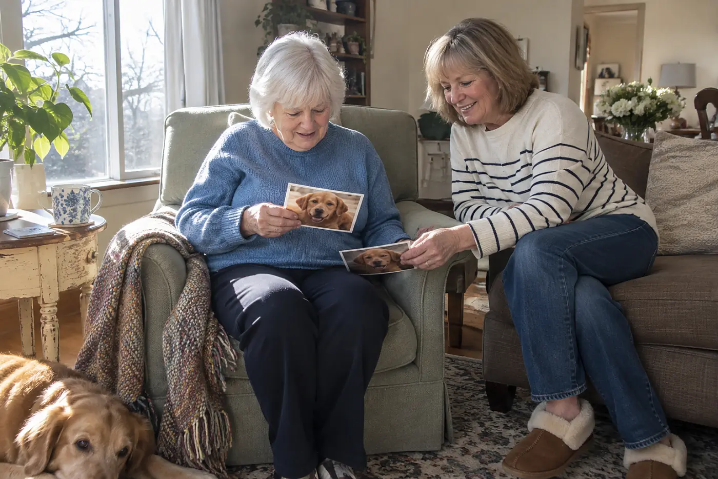 An older woman holds two photographs of her dog beside the living room window.