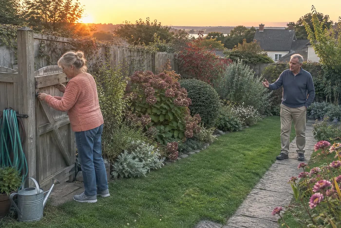 An older woman checks the latch on her garden gate at dusk.