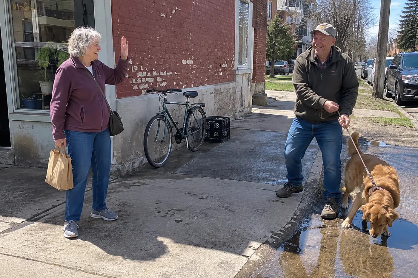 An older woman greets a neighbor walking a dog outside a corner store.