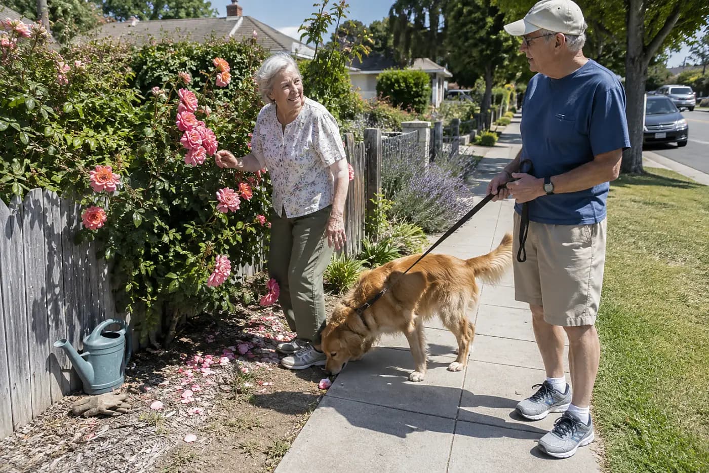 An older woman pauses beside a rosebush on a neighborhood sidewalk.