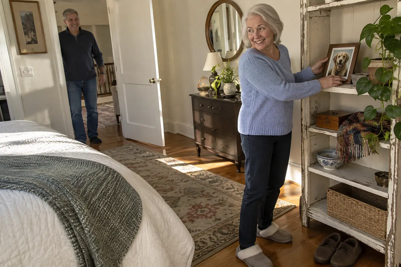 An older woman smiles at a photograph of her dog on a bedroom shelf.
