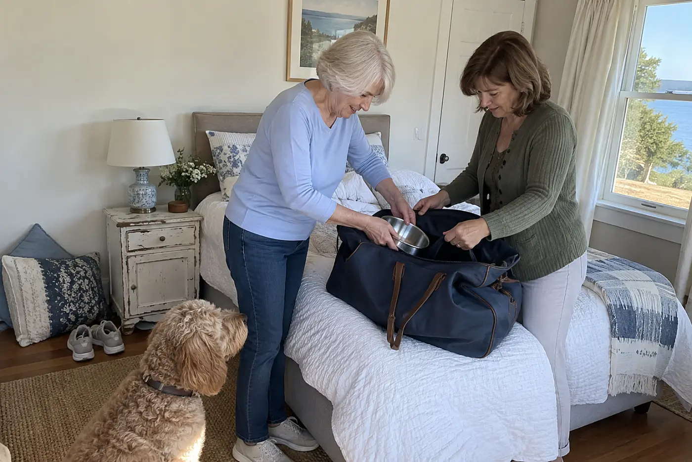 An older woman packs a dog bowl into a weekend bag in a guest room.